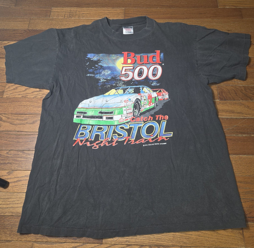 Vintage 1992 Bud 500 Bristol Night Train NASCAR Oneita USA T Shirt XL Racing Tee
